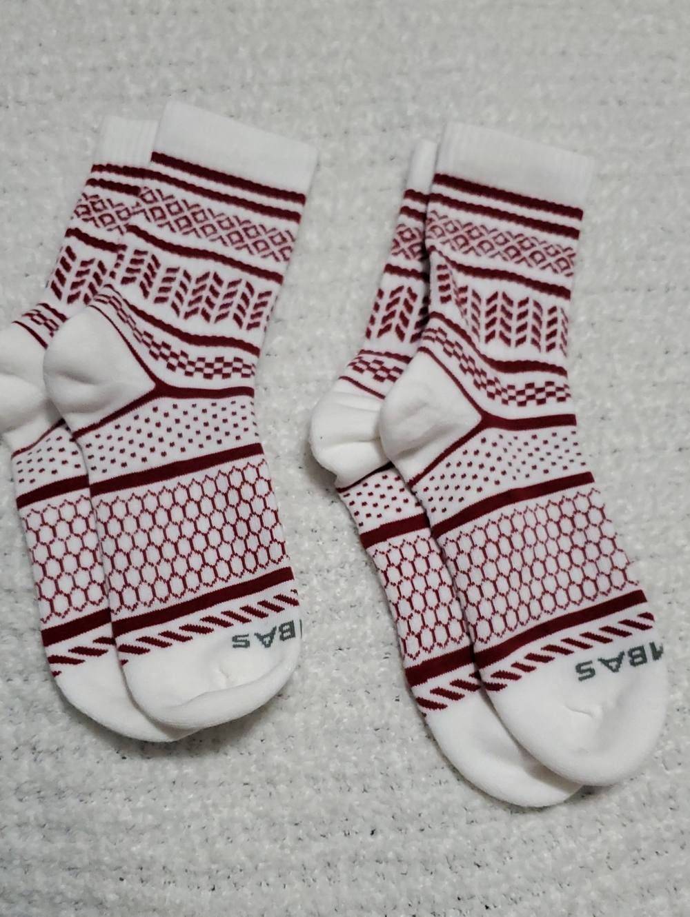 Bombas White and Burgundy Patterned Crew Socks